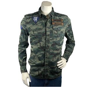 Super Dry Men L Patrol Edition Long Sleeve Military Ripstop Camo Button Up